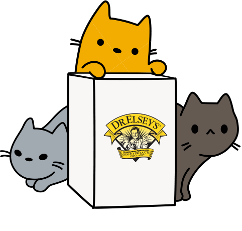 Cartoon cats around a box of Dr. Elsey's litter