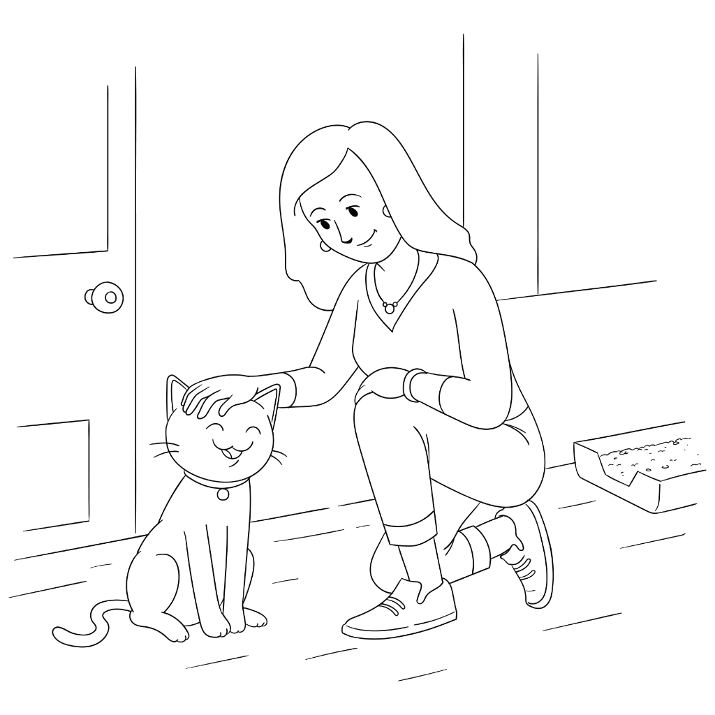 cartoon of woman kneeling to pet her cat